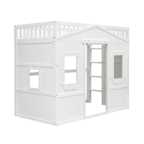 Bellemave House Loft Bed Twin Beds Solid Wood Frame with Window and Wall Fun Playhouse Ladder for Kids Boys Girls Teens, Size, White