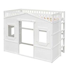 Bellemave House Loft Bed Twin Beds Solid Wood Frame with Window and Wall Fun Playhouse Ladder for Kids Boys Girls Teens, Size, White