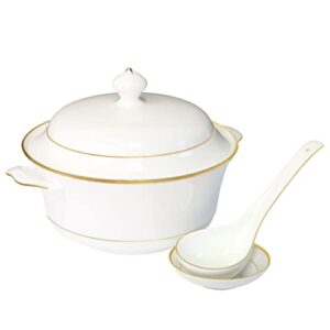 bone china soup tureen with lid, ladle and spoon rest, 2.97qt, gold rim, 4pc set, big serving bowl, elegant ceramic porcelain, white, translucent, modern, simple and resistant, greeting dinnerware