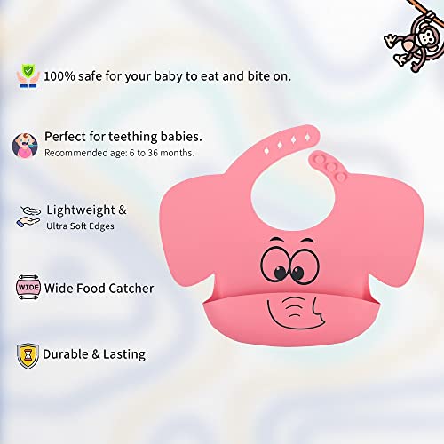 Elephant Silicone Bibs for Babies(2-Pack) Waterproof Bibs,Silicone Bibs with Food Catcher,Baby Bibs for Boy,Baby Girl Bibs (pink)