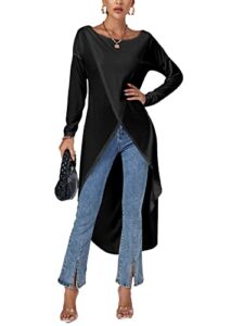 lyaner women's high low long sleeve wrap front split hem long shirt blouse tunic top solid black large