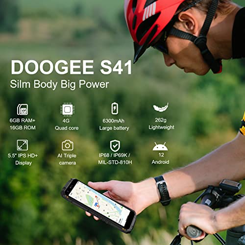 Rugged Smartphone 2023,DOOGEE S41, 4G Dual Sim Rugged Phones Android 12, 6300mAh Battery, 5.5" HD Screen Rugged Cell Phones, 6GB+16GB SD 1TB, IP68 Waterproof Outdoor Military Grade Android Phone, GPS