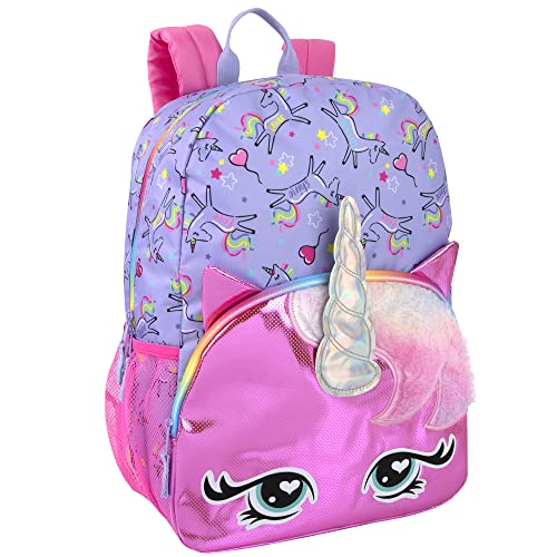 Emma & Chloe Waterproof Holographic Rainbow Unicorn Backpack with Horn for Girls for Elementary, Middle School (Starlight Twinkle Berry)