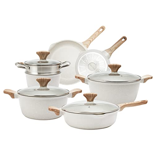 Country Kitchen Nonstick Induction Cookware Sets - 11 Piece Nonstick Cast Aluminum Pots and Pans with BAKELITE Handles - Induction Pots and Pans with Glass Lids -Cream