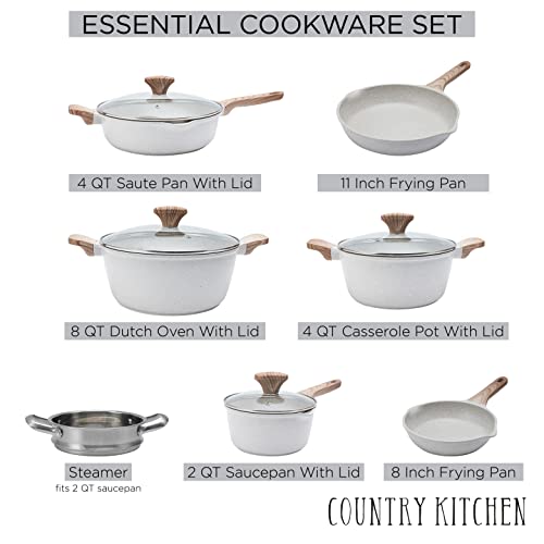 Country Kitchen Nonstick Induction Cookware Sets - 11 Piece Nonstick Cast Aluminum Pots and Pans with BAKELITE Handles - Induction Pots and Pans with Glass Lids -Cream