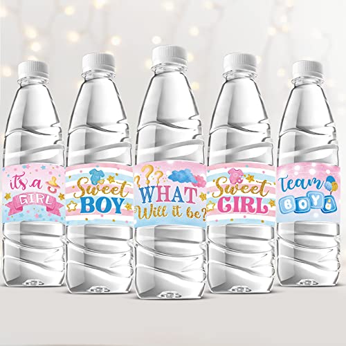 39 Pieces Baby Gender Reveal Water Bottle Labels Gender Reveal Party Favors Baby Shower Water Bottle Stickers Wrappers Waterproof He or She Baby Shower Labels for Baby Gender Reveal Party Decoration