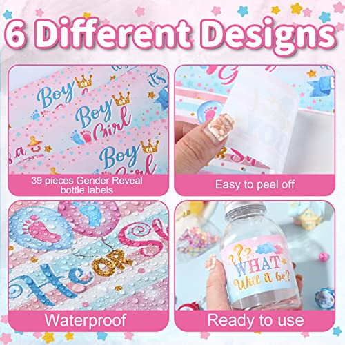 39 Pieces Baby Gender Reveal Water Bottle Labels Gender Reveal Party Favors Baby Shower Water Bottle Stickers Wrappers Waterproof He or She Baby Shower Labels for Baby Gender Reveal Party Decoration