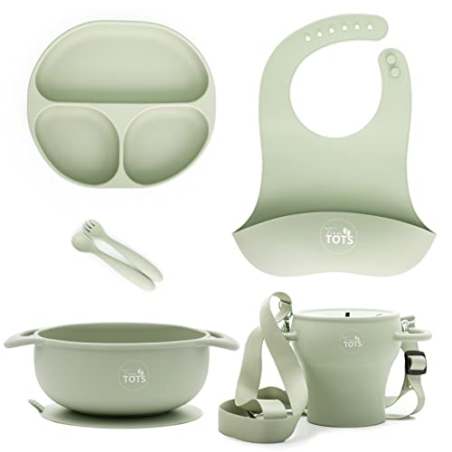 Tiny Tots - Baby Led Weaning Supplies - Feeding Essentials - Baby suction paltes & supplies: Bib, Suction Bowl & Suction Plate, Collapsible Cup, and Utensils - Easy to use baby feeding set