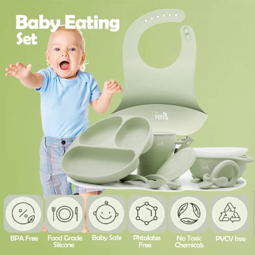 Tiny Tots - Baby Led Weaning Supplies - Feeding Essentials - Baby suction paltes & supplies: Bib, Suction Bowl & Suction Plate, Collapsible Cup, and Utensils - Easy to use baby feeding set