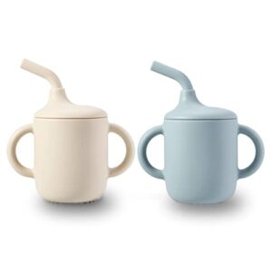 pandaear 2 pack 100% tiny silicone drinking training cup with handles & straw for baby and toddler -blue/grey