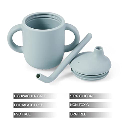 PandaEar 2 Pack 100% Tiny Silicone Drinking Training Cup with Handles & Straw for Baby and Toddler -Blue/Grey