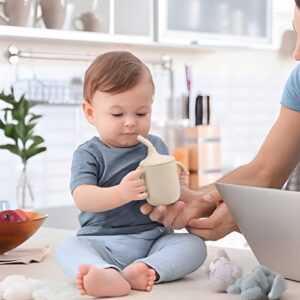 PandaEar 2 Pack 100% Tiny Silicone Drinking Training Cup with Handles & Straw for Baby and Toddler -Blue/Grey