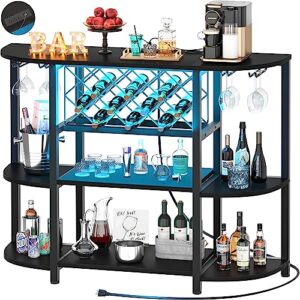 unikito 4-tier metal coffee bar cabinet with outlet and led light, freestanding floor bar table for liquor with glass holder and wine storage, wine table bakers‘ rack for kitchen dining room, black