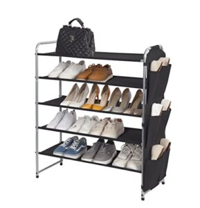 storage maniac 5 tier shoe rack with 6 side pockets, 23-pairs metal shoes organizer free standing compact shoe storage organizer shoe shelf for closet bedroom entryway hallway, black