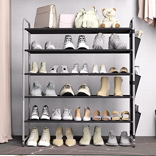 STORAGE MANIAC 5 Tier Shoe Rack with 6 Side Pockets, 23-Pairs Metal Shoes Organizer Free Standing Compact Shoe Storage Organizer Shoe Shelf for Closet Bedroom Entryway Hallway, Black