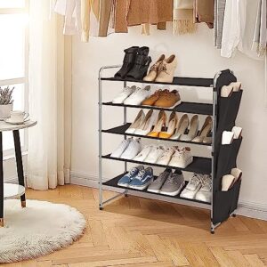STORAGE MANIAC 5 Tier Shoe Rack with 6 Side Pockets, 23-Pairs Metal Shoes Organizer Free Standing Compact Shoe Storage Organizer Shoe Shelf for Closet Bedroom Entryway Hallway, Black
