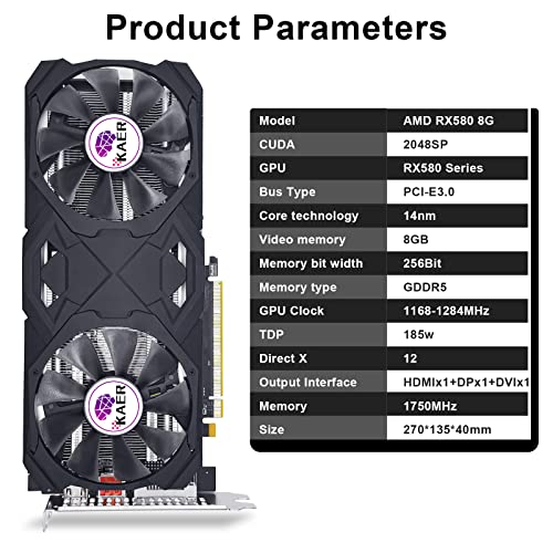 KAER RX580 8GB Graphics Card GDDR5 256bit Computer Graphics Card with Dual Fans 1284/7000MHz,PCI Express 3.0 Gaming Graphics Card, DVI HDMI DP Desktop