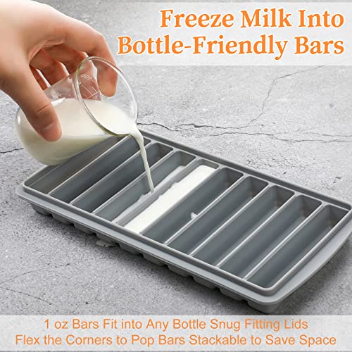 2 Pieces Breastmilk Storage Container Baby Food Milk Silicone Freezer Trays with Lid Breastmilk Freezer Tray Organizer Ice Trays Silicone Breastmilk Storage Bag Tray 10-1 oz Bars (Gray)