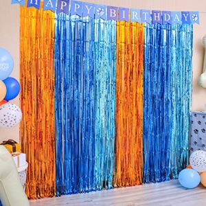 lolstar blue dog foil fringe curtains, blue dog birthday party supplies, 2 packs of 3.3x6.6 ft orange blue and light blue tinsel photo booth prop, streamer backdrop for blue dog theme party decoration