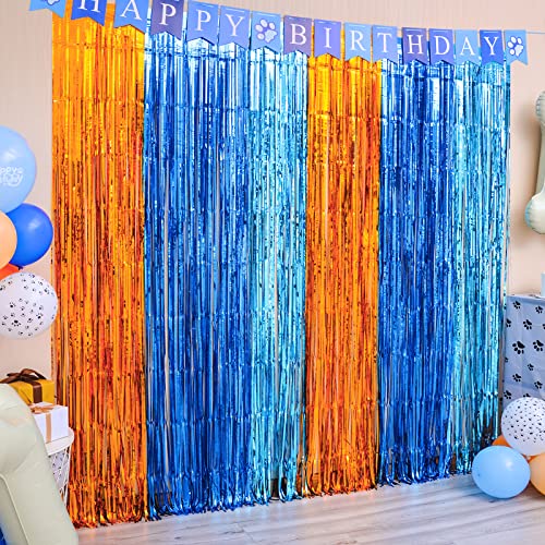 LOLStar Blue Dog Foil Fringe Curtains, Blue Dog Birthday Party Supplies, 2 Packs of 3.3x6.6 ft Orange Blue and Light Blue Tinsel Photo Booth Prop, Streamer Backdrop for Blue Dog Theme Party Decoration