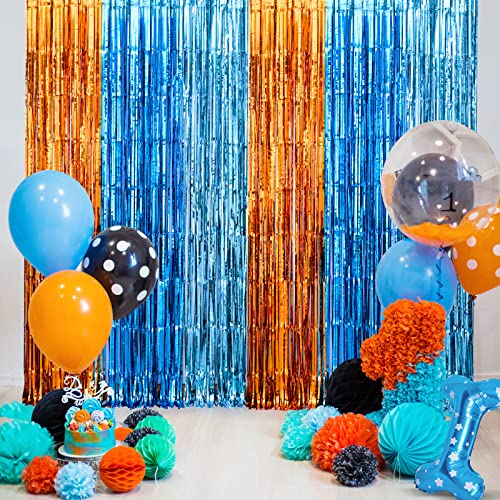 LOLStar Blue Dog Foil Fringe Curtains, Blue Dog Birthday Party Supplies, 2 Packs of 3.3x6.6 ft Orange Blue and Light Blue Tinsel Photo Booth Prop, Streamer Backdrop for Blue Dog Theme Party Decoration