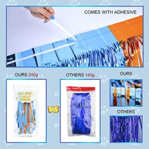 LOLStar Blue Dog Foil Fringe Curtains, Blue Dog Birthday Party Supplies, 2 Packs of 3.3x6.6 ft Orange Blue and Light Blue Tinsel Photo Booth Prop, Streamer Backdrop for Blue Dog Theme Party Decoration