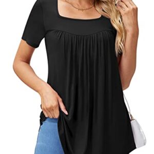 Xpenyo Elegant Square Neck Tunic Tops for Women Short Sleeve Tshirts and Blouses Black L