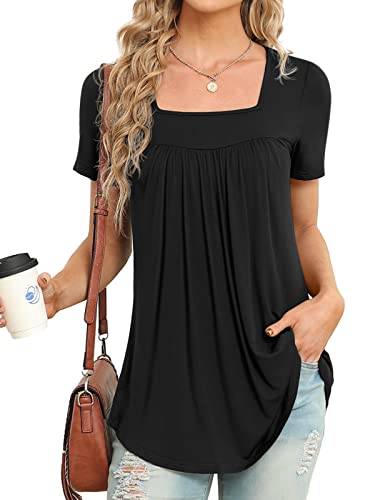 Xpenyo Elegant Square Neck Tunic Tops for Women Short Sleeve Tshirts and Blouses Black L