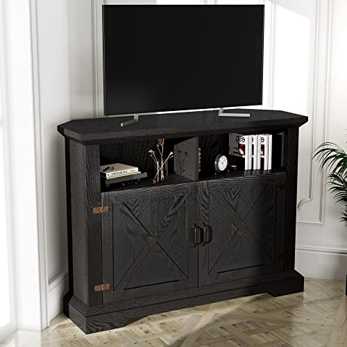 Allewie Farmhouse Corner TV Stand for TVs up to 50 Inches, 44'' Entertainment Center with Adjustable Storage Shelves, Buffet Cabinet for Living Room and Bedroom, Black Oak