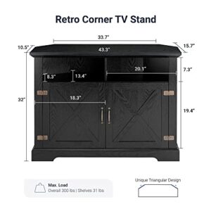 Allewie Farmhouse Corner TV Stand for TVs up to 50 Inches, 44'' Entertainment Center with Adjustable Storage Shelves, Buffet Cabinet for Living Room and Bedroom, Black Oak