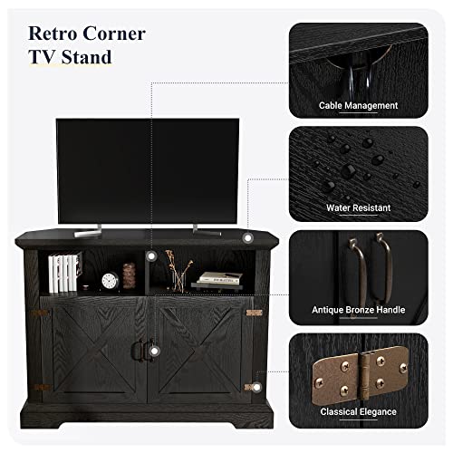 Allewie Farmhouse Corner TV Stand for TVs up to 50 Inches, 44'' Entertainment Center with Adjustable Storage Shelves, Buffet Cabinet for Living Room and Bedroom, Black Oak