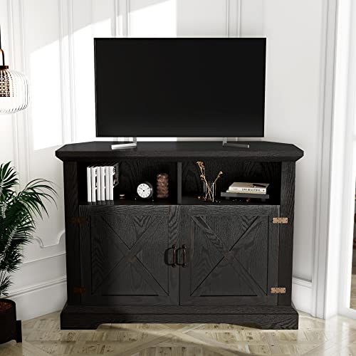 Allewie Farmhouse Corner TV Stand for TVs up to 50 Inches, 44'' Entertainment Center with Adjustable Storage Shelves, Buffet Cabinet for Living Room and Bedroom, Black Oak