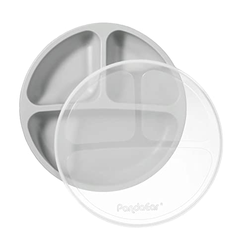 PandaEar Silicone Suction Plates for Babies & Toddlers, 3 Pack Divided Unbreakable Plates with Lid - Non-Slip - Dishwasher and Microwave Safe (Creamy Grey Brown)