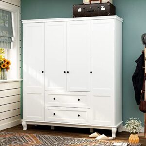 didugo modern bedroom armoire 4 door wardrobe, armoire wardrobe closet with drawers & shelves and doors, hanging rod, armoire closet for bedroom white (63”w x 18.9”d x 71.3”h)