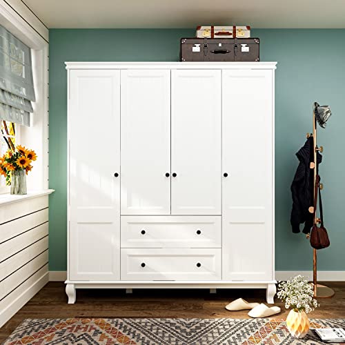 DiDuGo Modern Bedroom Armoire 4 Door Wardrobe, Armoire Wardrobe Closet with Drawers & Shelves and Doors, Hanging Rod, Armoire Closet for Bedroom White (63”W x 18.9”D x 71.3”H)