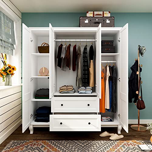 DiDuGo Modern Bedroom Armoire 4 Door Wardrobe, Armoire Wardrobe Closet with Drawers & Shelves and Doors, Hanging Rod, Armoire Closet for Bedroom White (63”W x 18.9”D x 71.3”H)