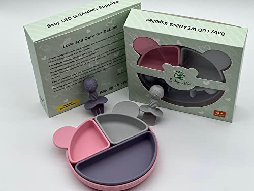 MIX COLOR SILICON BABY FEEDING SET, BABY EATING SUPPLIES, BABY LED WEANING SUPPLIES (Pink Grey Purple)