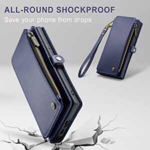 Defencase Galaxy S23 Ultra Wallet Case, RFID Blocking Leather, Magnetic Flip & Zipper Card Holder, Dark Blue