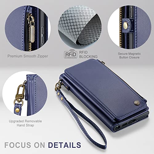 Defencase Galaxy S23 Ultra Wallet Case, RFID Blocking Leather, Magnetic Flip & Zipper Card Holder, Dark Blue