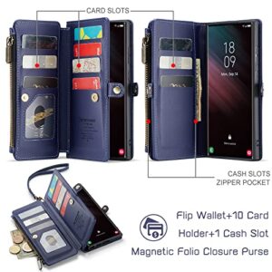 Defencase Galaxy S23 Ultra Wallet Case, RFID Blocking Leather, Magnetic Flip & Zipper Card Holder, Dark Blue