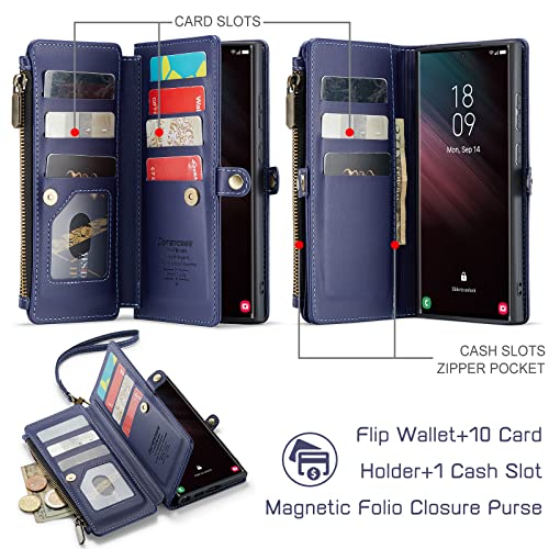 Defencase Galaxy S23 Ultra Wallet Case, RFID Blocking Leather, Magnetic Flip & Zipper Card Holder, Dark Blue