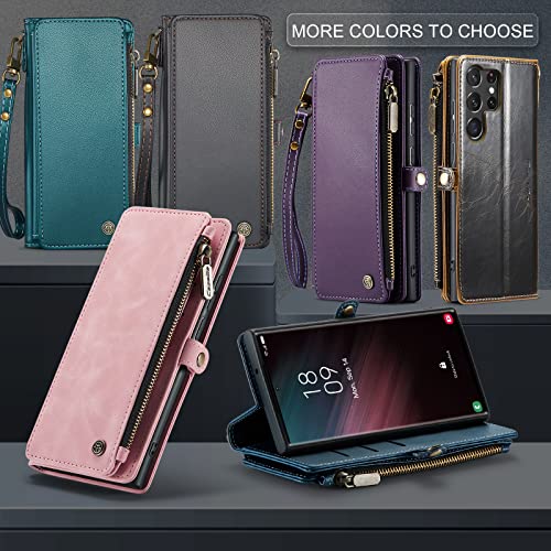 Defencase Galaxy S23 Ultra Wallet Case, RFID Blocking Leather, Magnetic Flip & Zipper Card Holder, Dark Blue