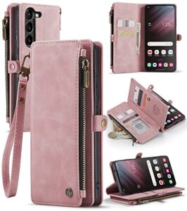 defencase for samsung galaxy s23 case, galaxy s23 case wallet for women men with card holder, durable pu leather magnetic flip strap zipper wallet phone case for samsung s23 5g 6.1", elegant rose pink