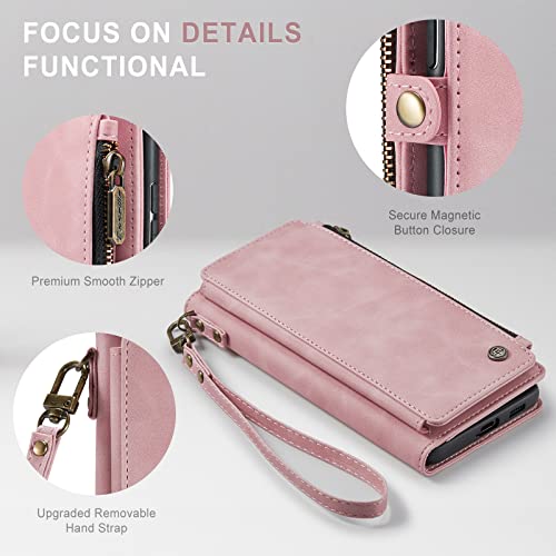 Defencase for Samsung Galaxy S23 Case, Galaxy S23 Case Wallet for Women Men with Card Holder, Durable PU Leather Magnetic Flip Strap Zipper Wallet Phone Case for Samsung S23 5G 6.1", Elegant Rose Pink