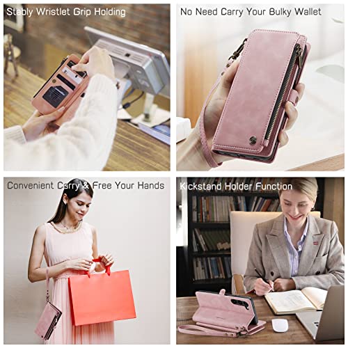 Defencase for Samsung Galaxy S23 Case, Galaxy S23 Case Wallet for Women Men with Card Holder, Durable PU Leather Magnetic Flip Strap Zipper Wallet Phone Case for Samsung S23 5G 6.1", Elegant Rose Pink