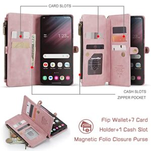 Defencase for Samsung Galaxy S23 Case, Galaxy S23 Case Wallet for Women Men with Card Holder, Durable PU Leather Magnetic Flip Strap Zipper Wallet Phone Case for Samsung S23 5G 6.1", Elegant Rose Pink