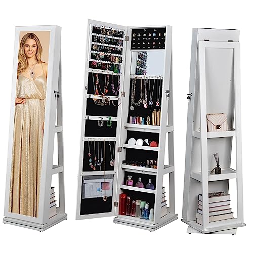 BOSTANA Jewelry Armoire 65" H,Full Length Mirror 360° Swivel, Storage Shelves, Lockable Standing Jewelry Cabinet Organizer with Large Storage Capacity,living room,bedroom (white)