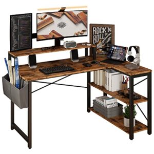 ironck l shaped desk with charging station and storage shelves, 47 inch corner computer desk with monitor stand, writing table for home office, vintage brown