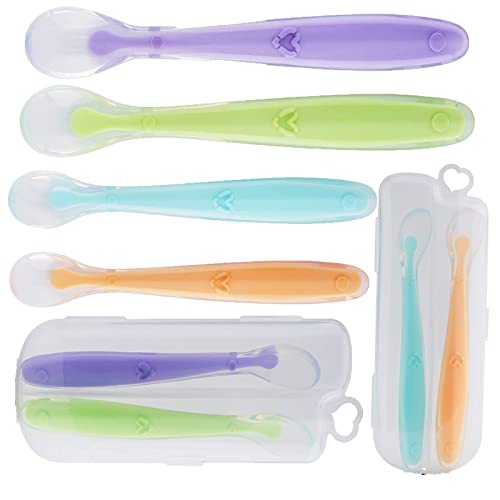 4 Pack Baby Silicone Spoon Olele Soft-Tip First Stage Silicone Self Feeding Training Spoons for Baby Led Weaning with 2 Storage Cases for Kids Toddler, Best Gift Infant Set