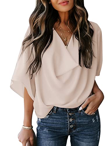 Dokotoo Women's V-Neck Wrap Top - Short Sleeve Chiffon Blouse, Trendy, Casual, Work, Apricot, XL